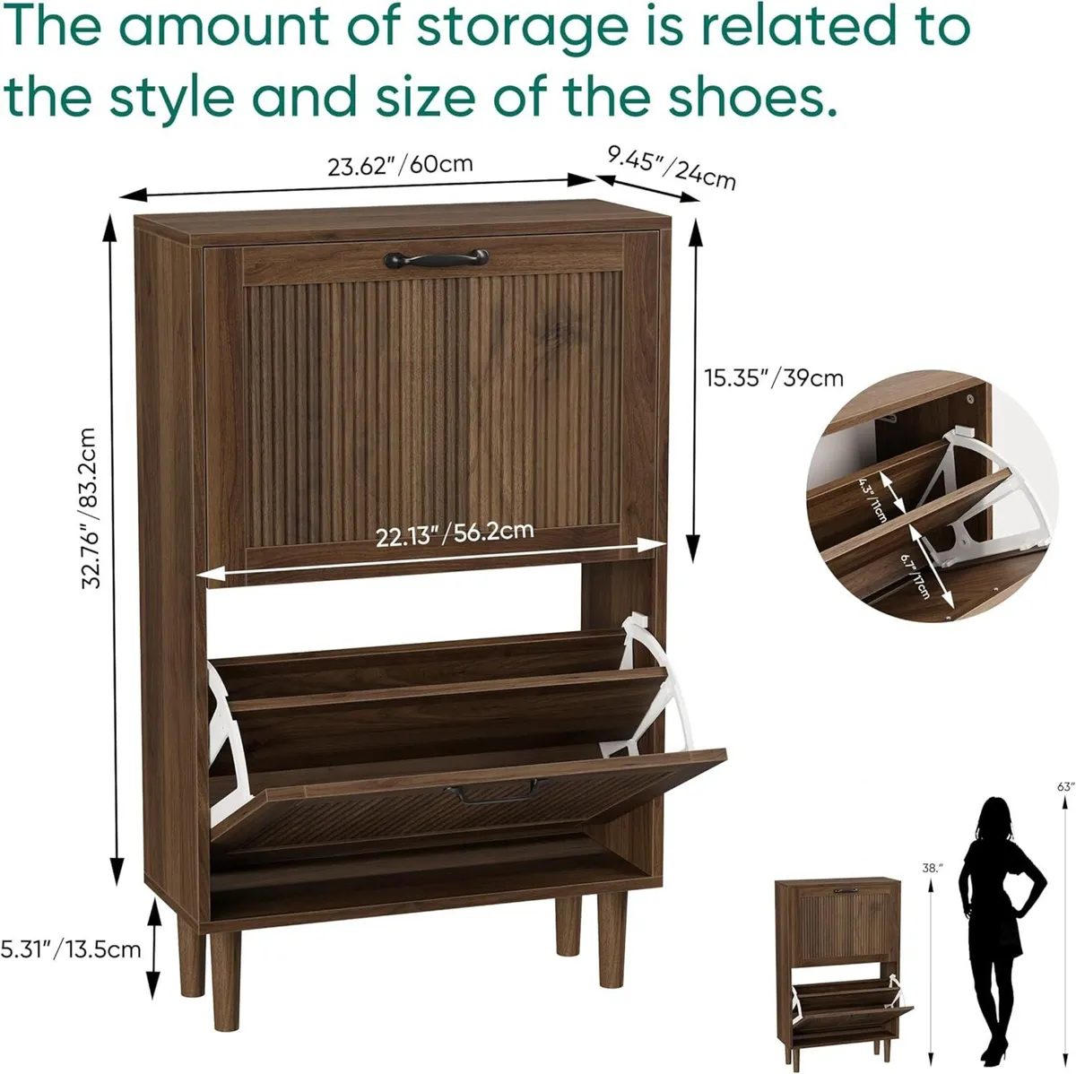 Walnut Shoe Cabinet with 2 Flip Drawers 23.6 - Image 2