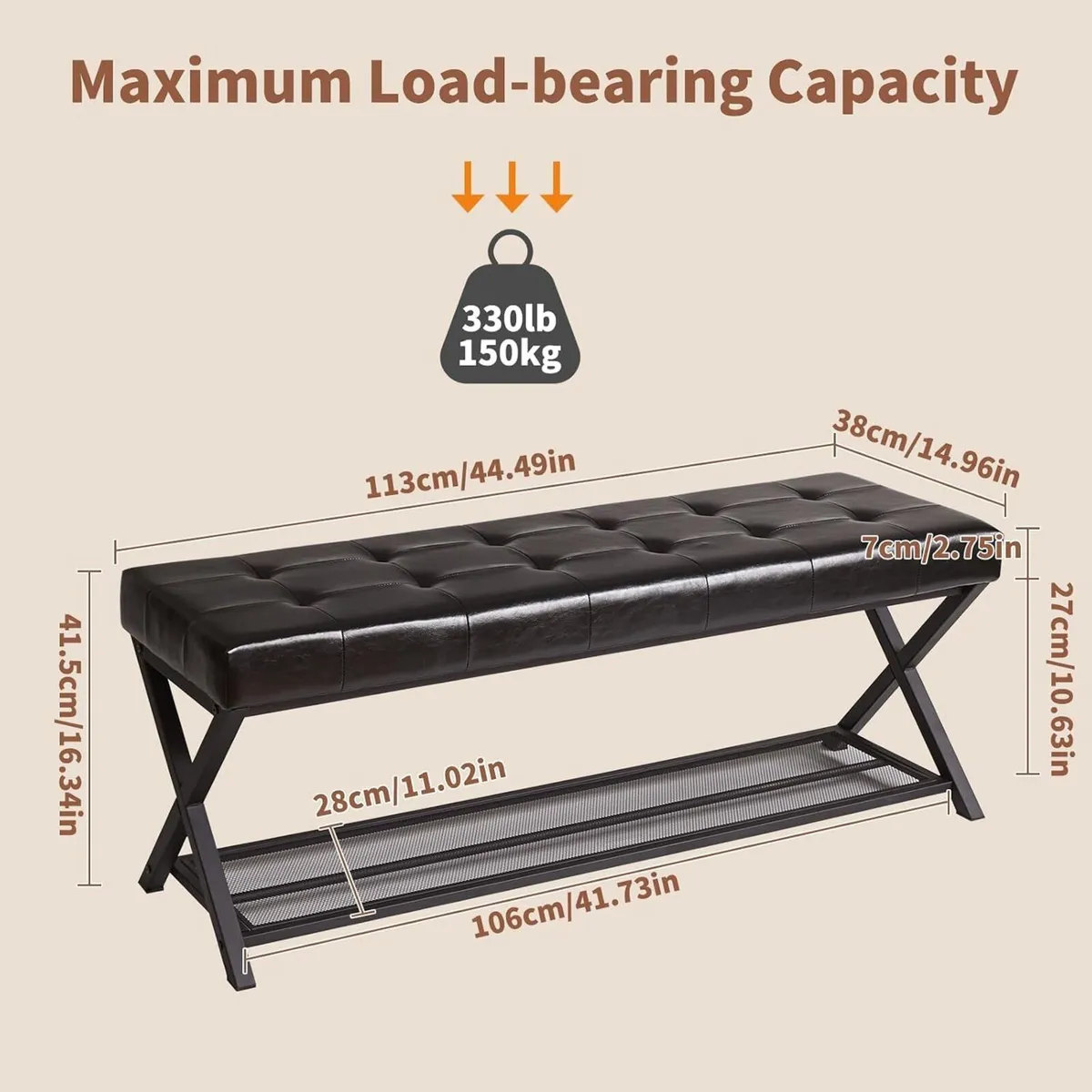 44.5” Shoe Storage Bench with Seat PU Leather - Image 3