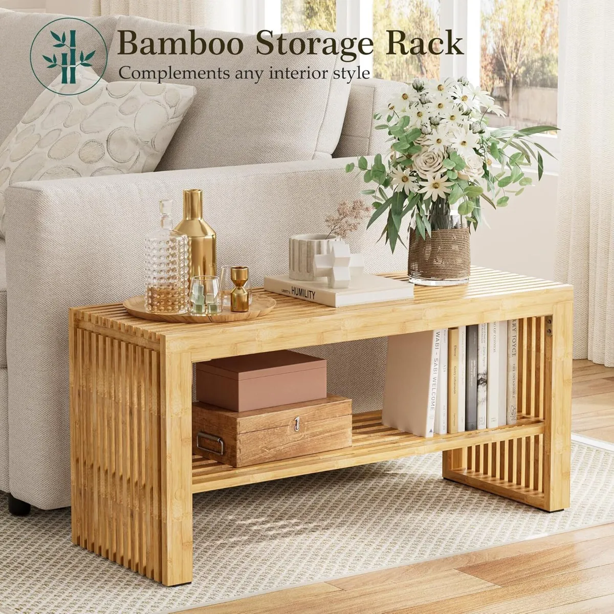 Bamboo Hallway Bench with Shelf Wooden Dining - Image 4