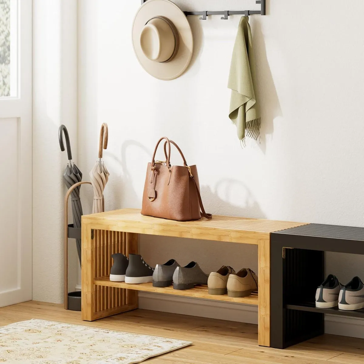 Bamboo Hallway Bench with Shelf Wooden Dining - Image 2
