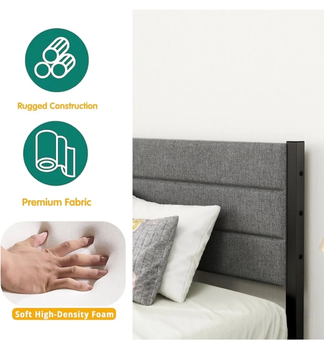 Single Bed Frame with Upholstered Headboard,Heavy - Image 2