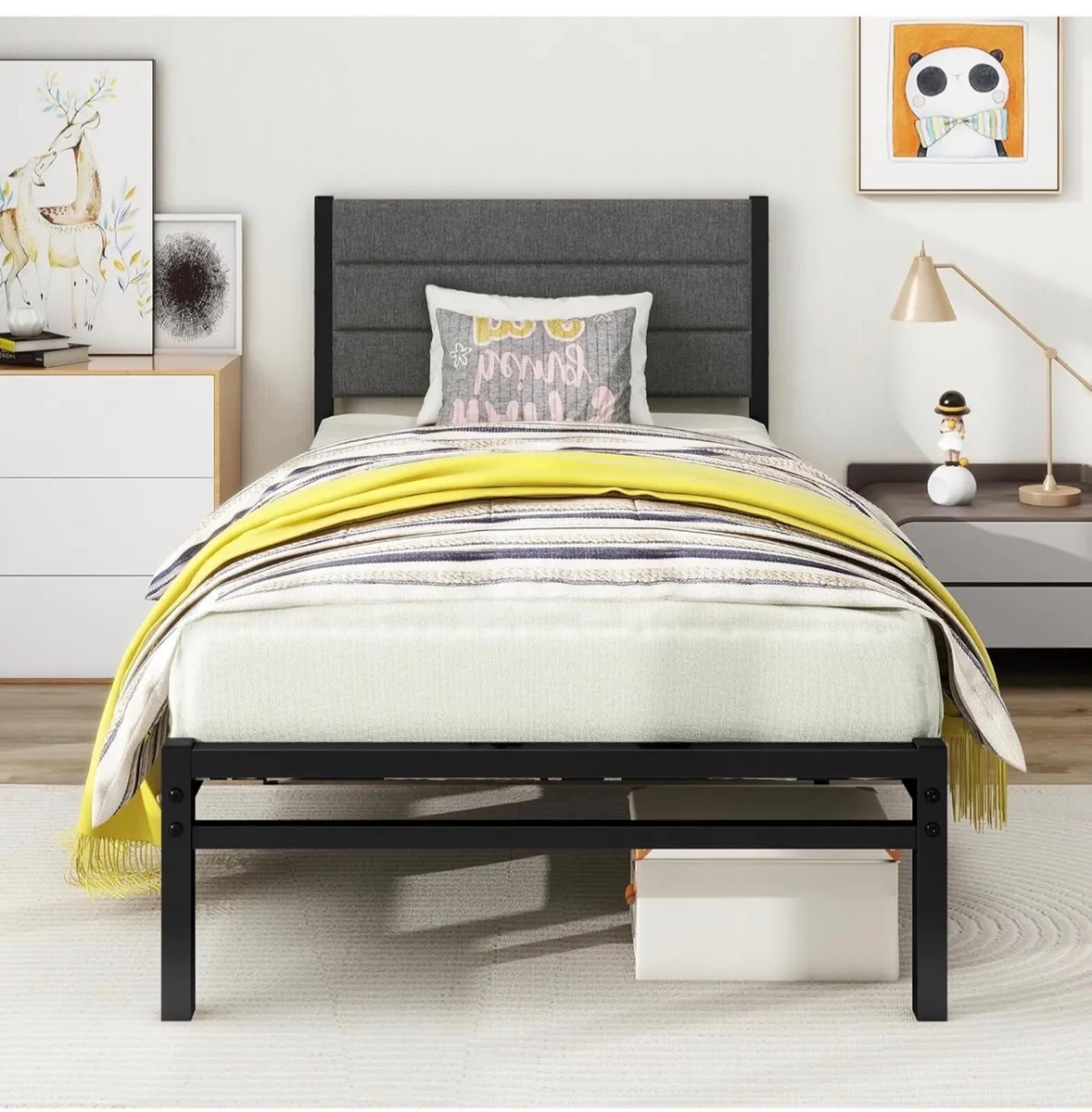 Single Bed Frame with Upholstered Headboard,Heavy - Image 4