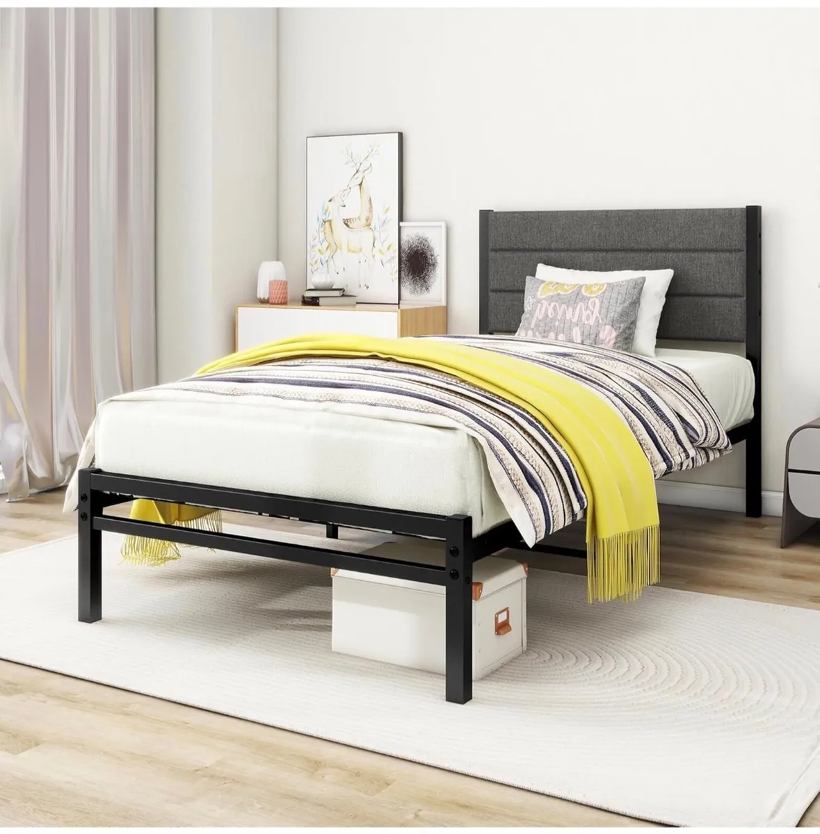 Single Bed Frame with Upholstered Headboard,Heavy - Image 3