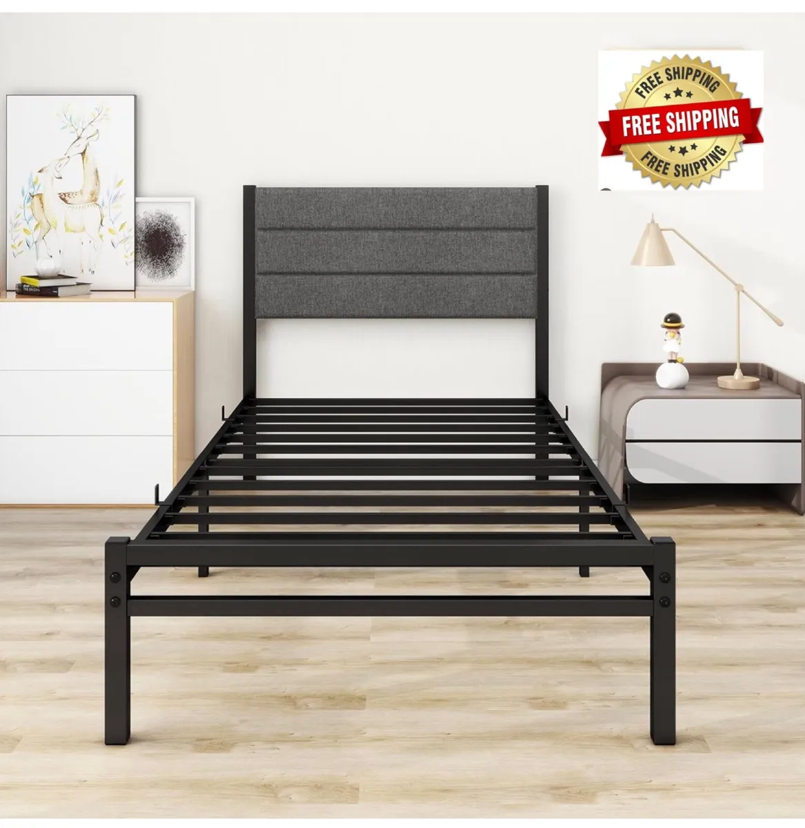 Single Bed Frame with Upholstered Headboard,Heavy - Image 1