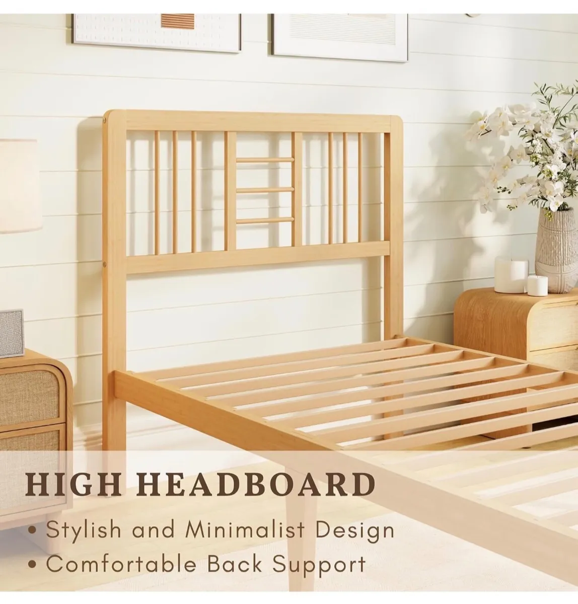 Wooden Single Bed Frame with Headboard - Bamboo Wo - Image 3