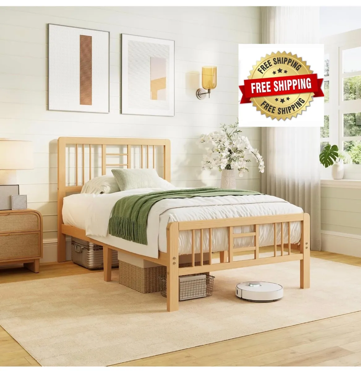 Wooden Single Bed Frame with Headboard - Bamboo Wo - Image 1