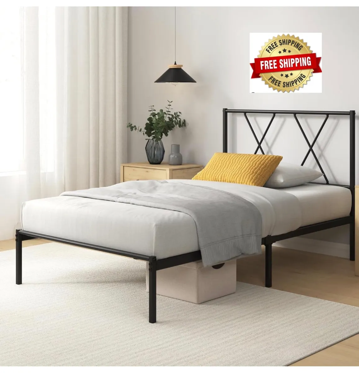 Modern 3ft Single Metal Bed Frame with Headboard ( - Image 1