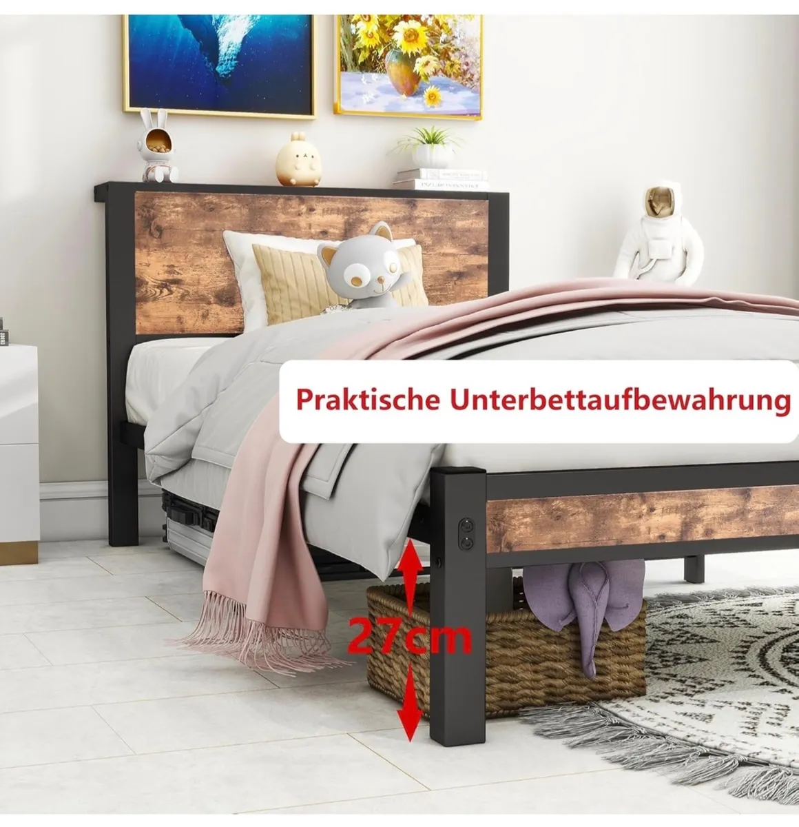Single Bed Frame with Wood Storage Headboard, 90 x - Image 4