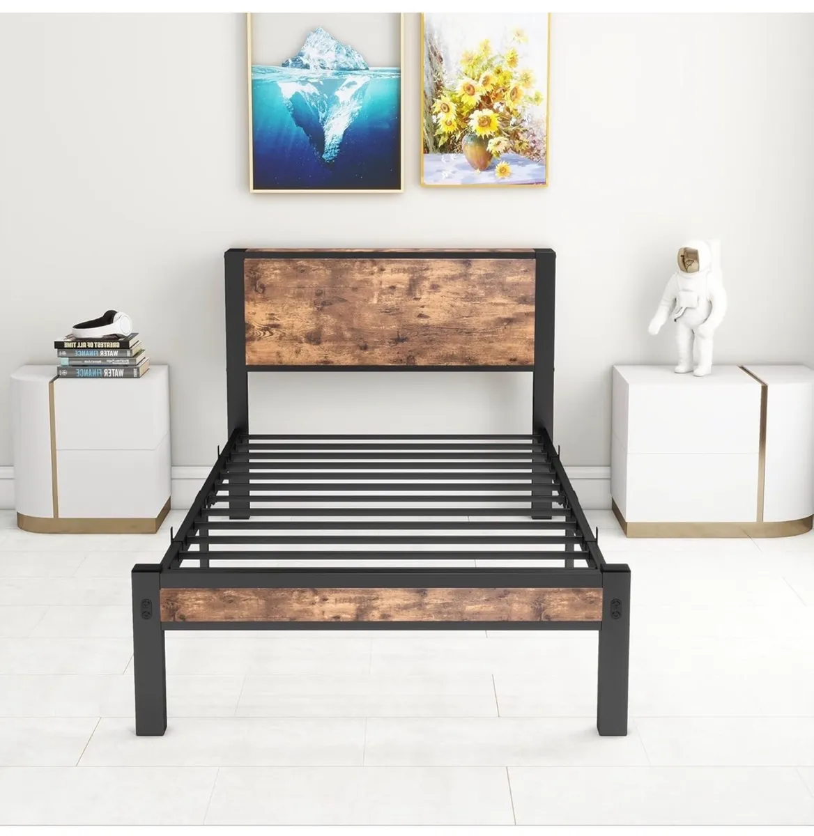 Single Bed Frame with Wood Storage Headboard, 90 x - Image 2