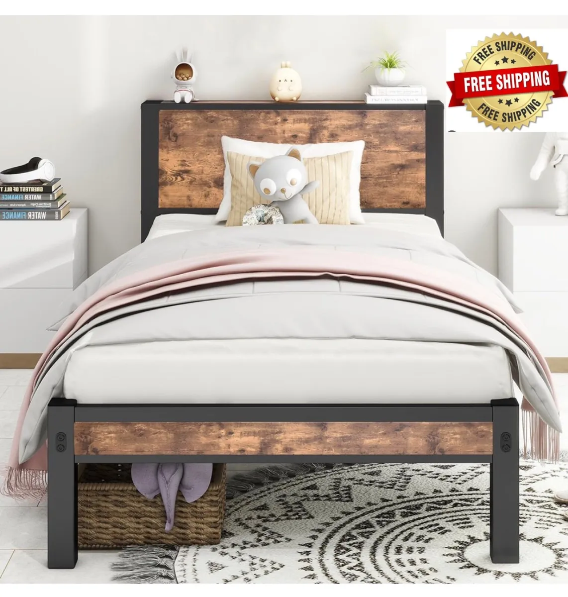 Single Bed Frame with Wood Storage Headboard, 90 x - Image 1