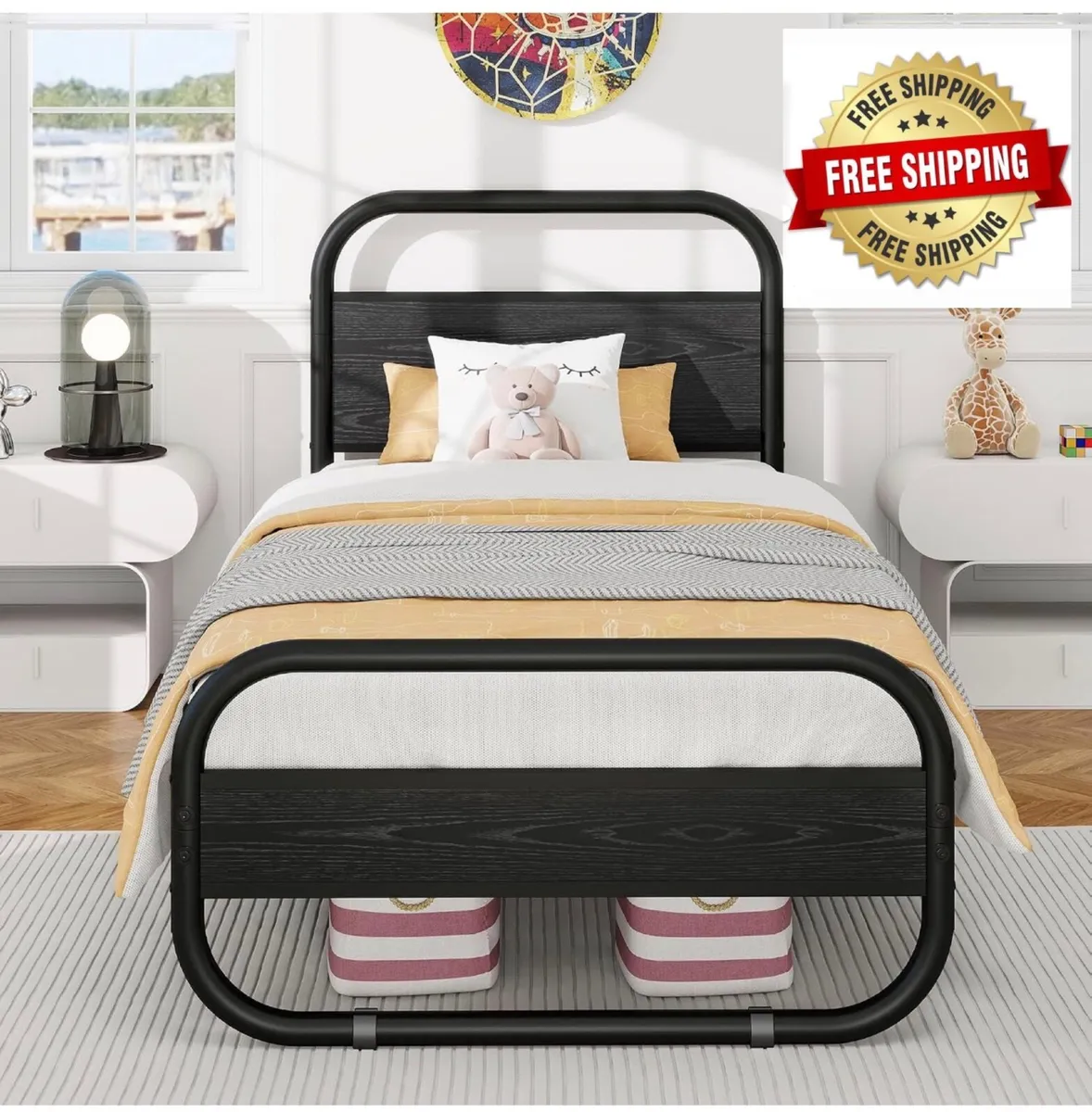 90 x 190 cm, Metal Platform Bed Single with Storag - Image 1