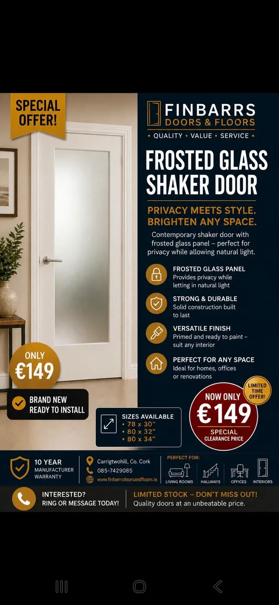 Deanta Prefinished White Frosted Glass Shaker Door