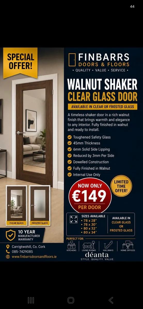 Deanta Prefinished Walnut Shaker Glass Doors