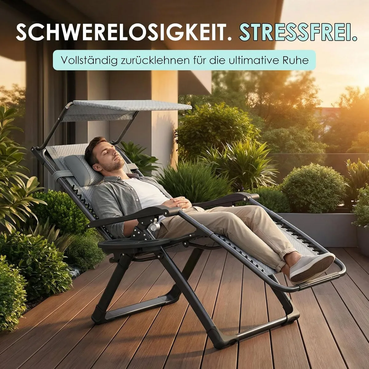 Folding Deck Chair with Sun Canopy Headrest Drink - Image 3