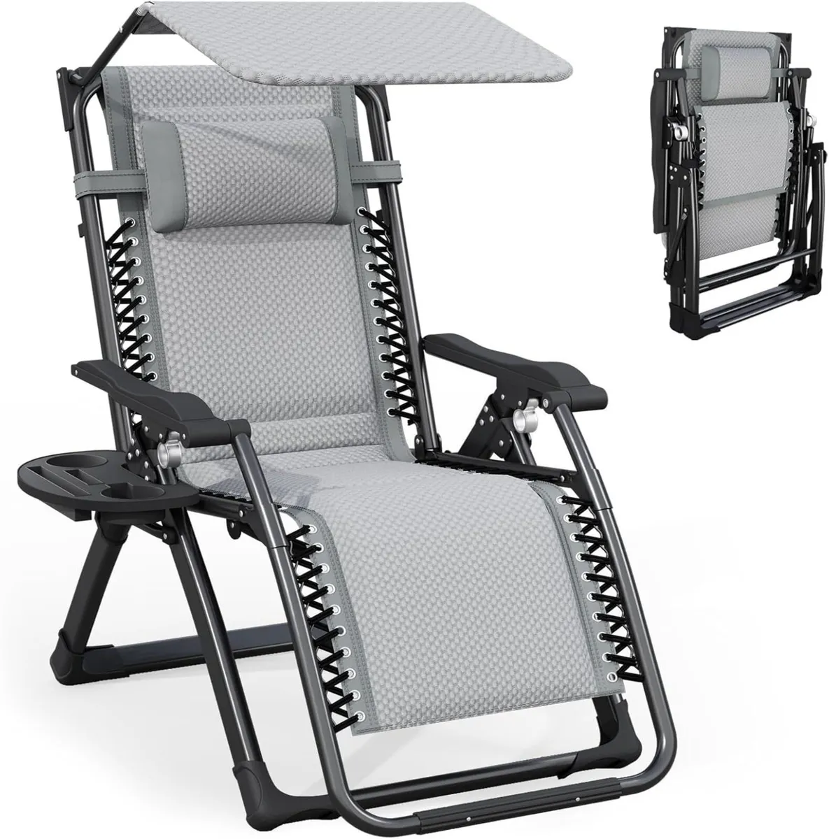 Folding Deck Chair with Sun Canopy Headrest Drink - Image 1