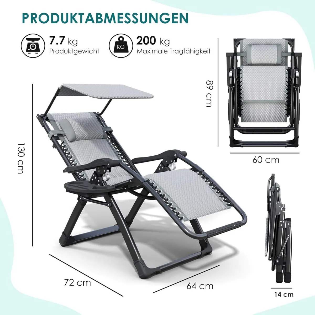Folding Deck Chair with Sun Canopy Headrest Drink - Image 2