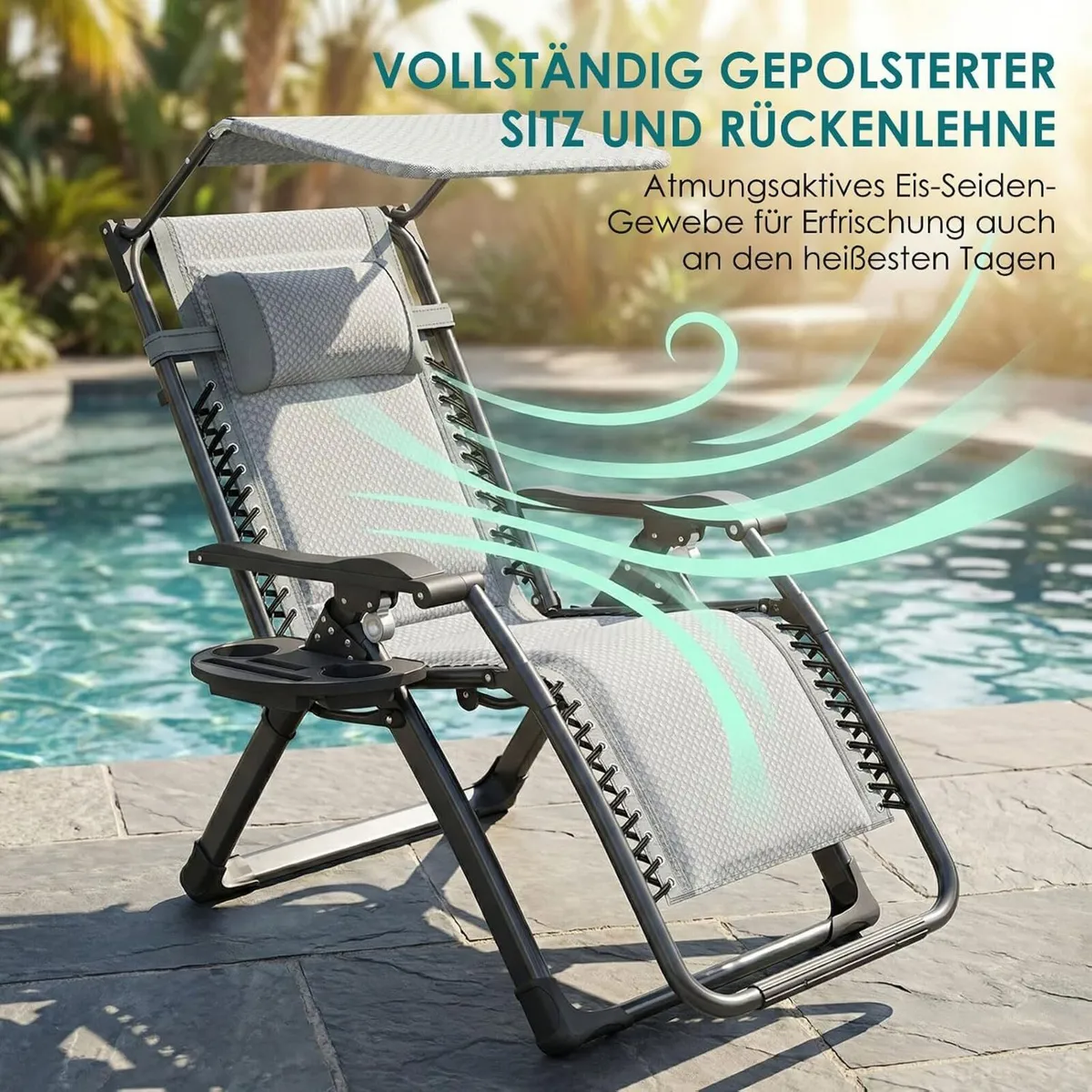 Folding Deck Chair with Sun Canopy Headrest Drink - Image 4
