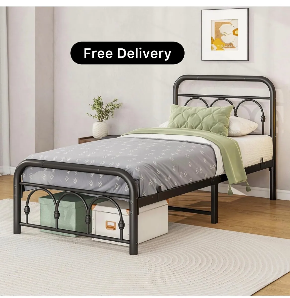 Metal Single Size Bed Base with Footboard,Heavy Du - Image 1