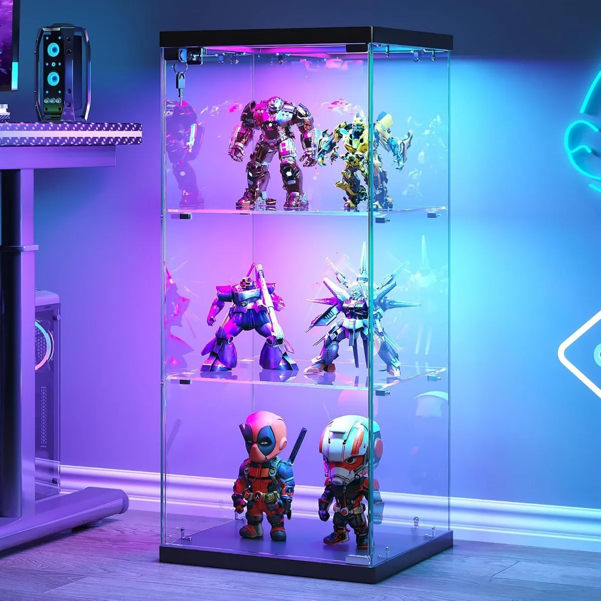 Glass Display Cabinet with RGB Lights 3-Tier - Image 1