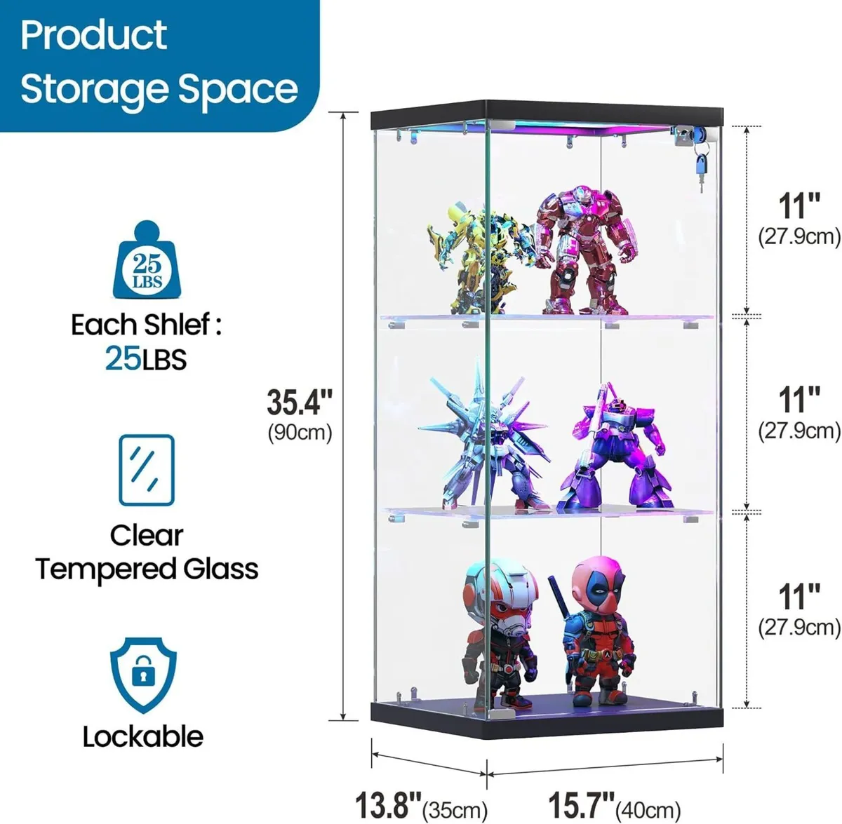 Glass Display Cabinet with RGB Lights 3-Tier - Image 2