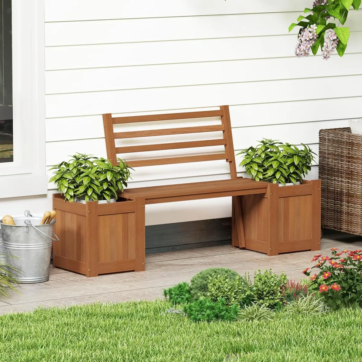 Wooden Garden Planter with Bench Seat 2 Raised - Image 2