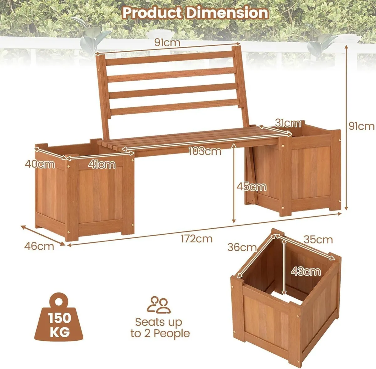 Wooden Garden Planter with Bench Seat 2 Raised - Image 3