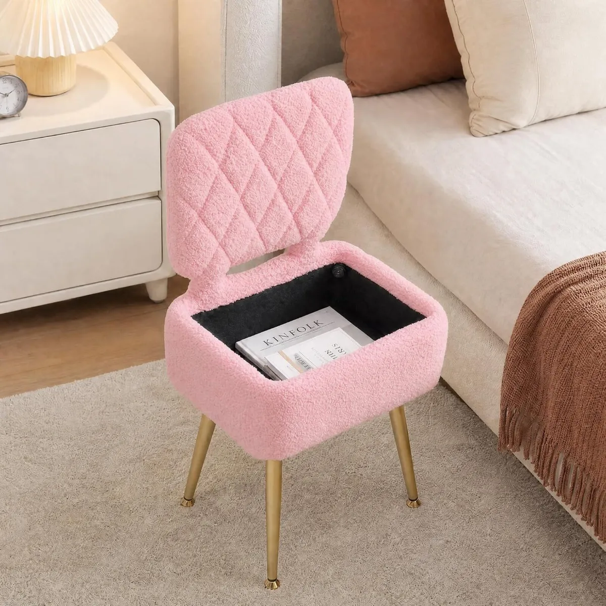 Vanity Chair with Stroage Sherpa Fleece Dressing - Image 2