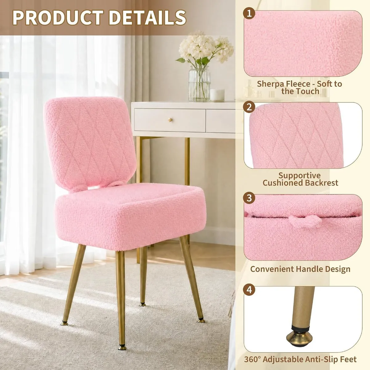 Vanity Chair with Stroage Sherpa Fleece Dressing - Image 4