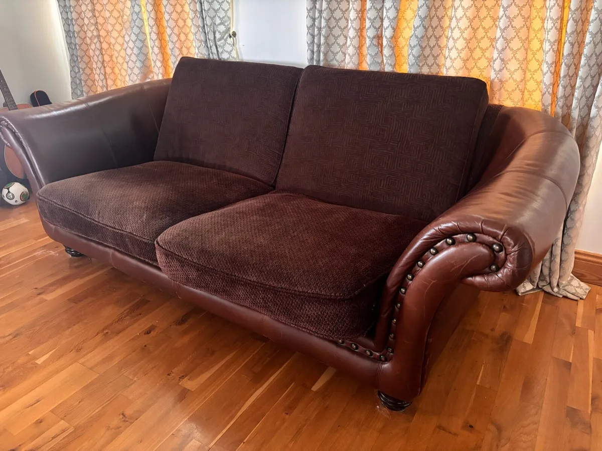 Brown Leather & Fabric 4 Seater Sofa - Image 3