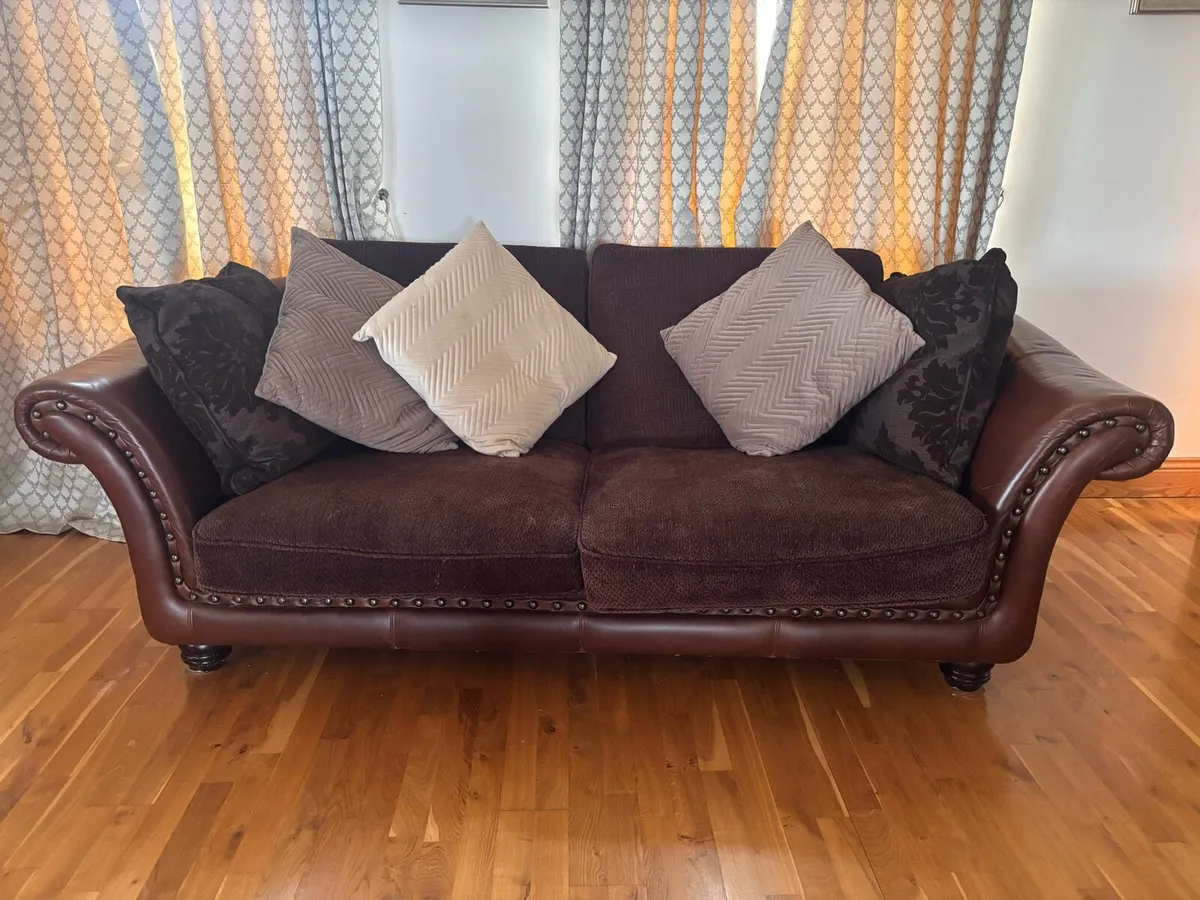 Brown Leather & Fabric 4 Seater Sofa - Image 4