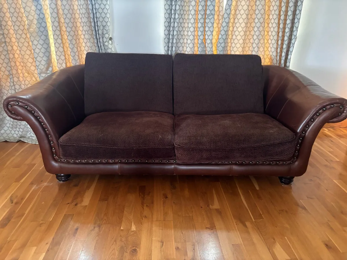 Brown Leather & Fabric 4 Seater Sofa - Image 1