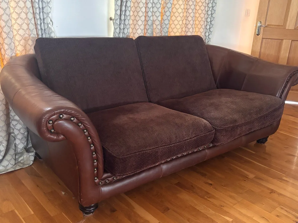 Brown Leather & Fabric 4 Seater Sofa - Image 2