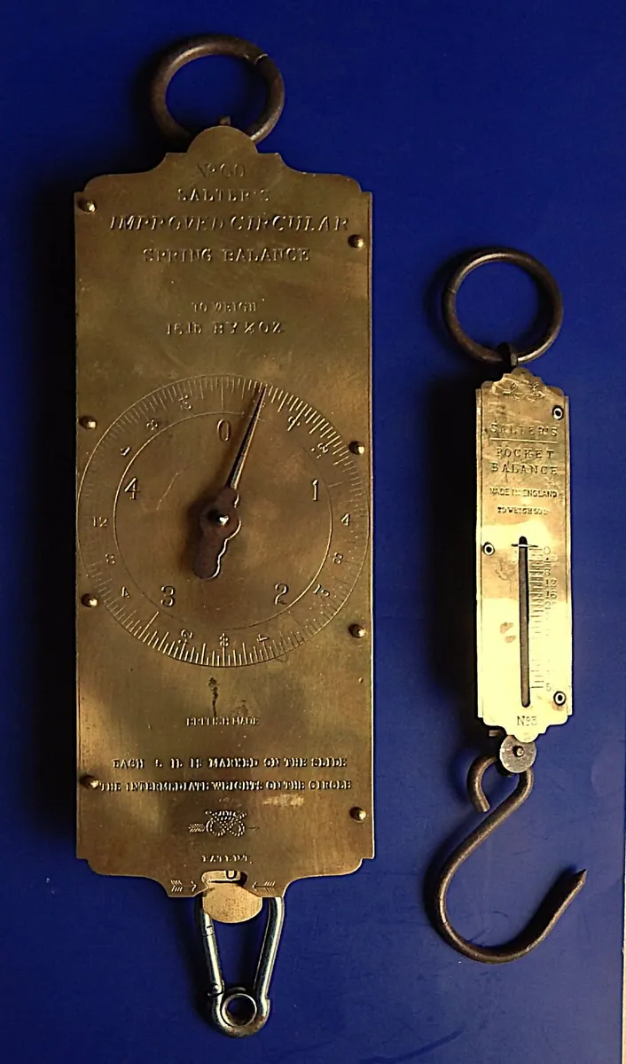2 Vintage Brass Salters Spring & Balance Scales - Image 1