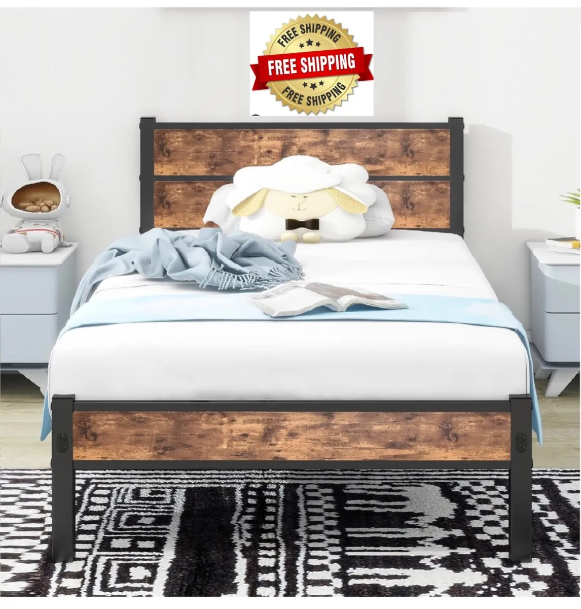Single Bed Frame with Wooden Headboard and Footboa - Image 1