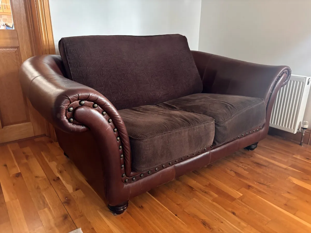 Brown Leather & Fabric 3 Seater Sofa - Image 2