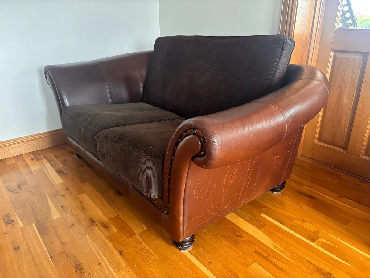 Brown Leather & Fabric 3 Seater Sofa - Image 3