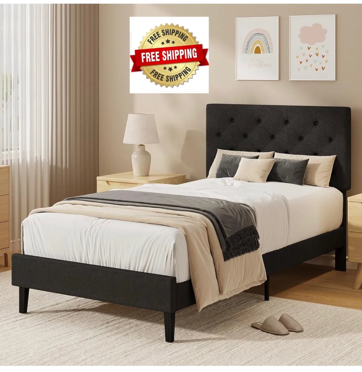 Gray Single Bed Frame, 90 x 190 cm, with Adjustabl - Image 1