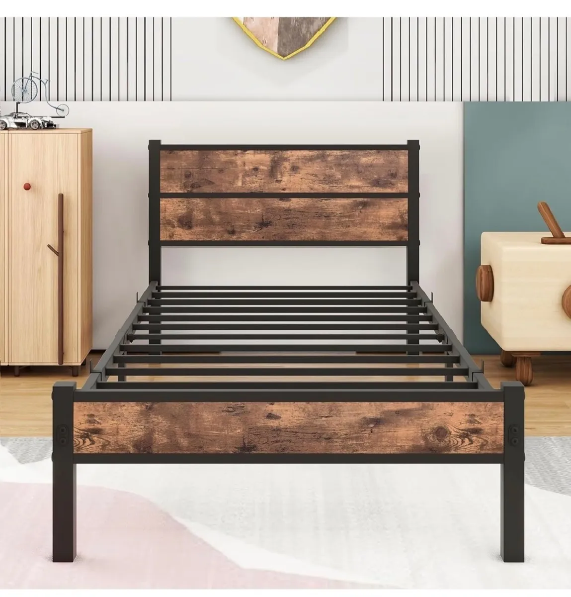 Single Bed Frame with Wooden Headboard and Footboa - Image 3