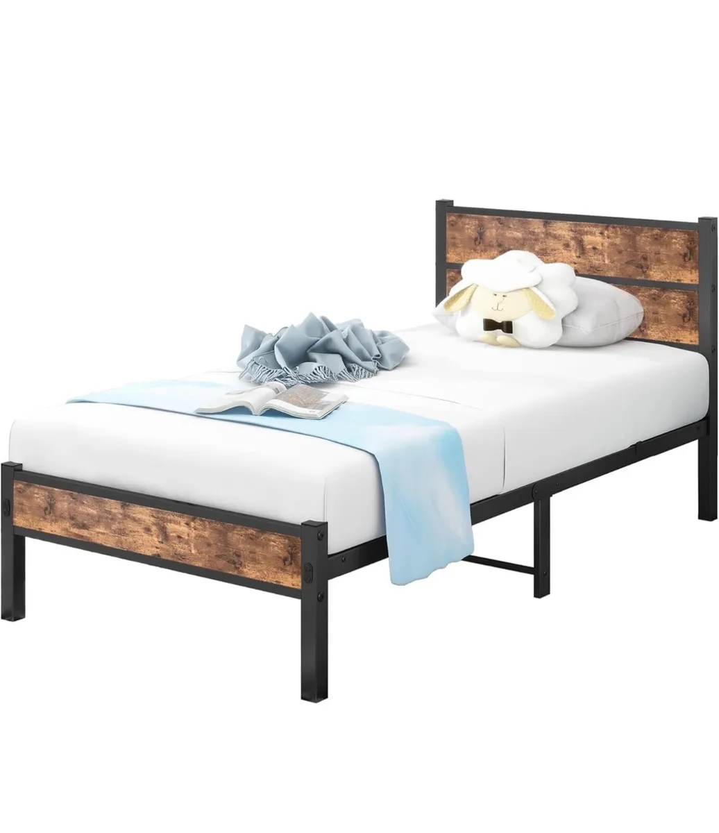 Single Bed Frame with Wooden Headboard and Footboa - Image 4