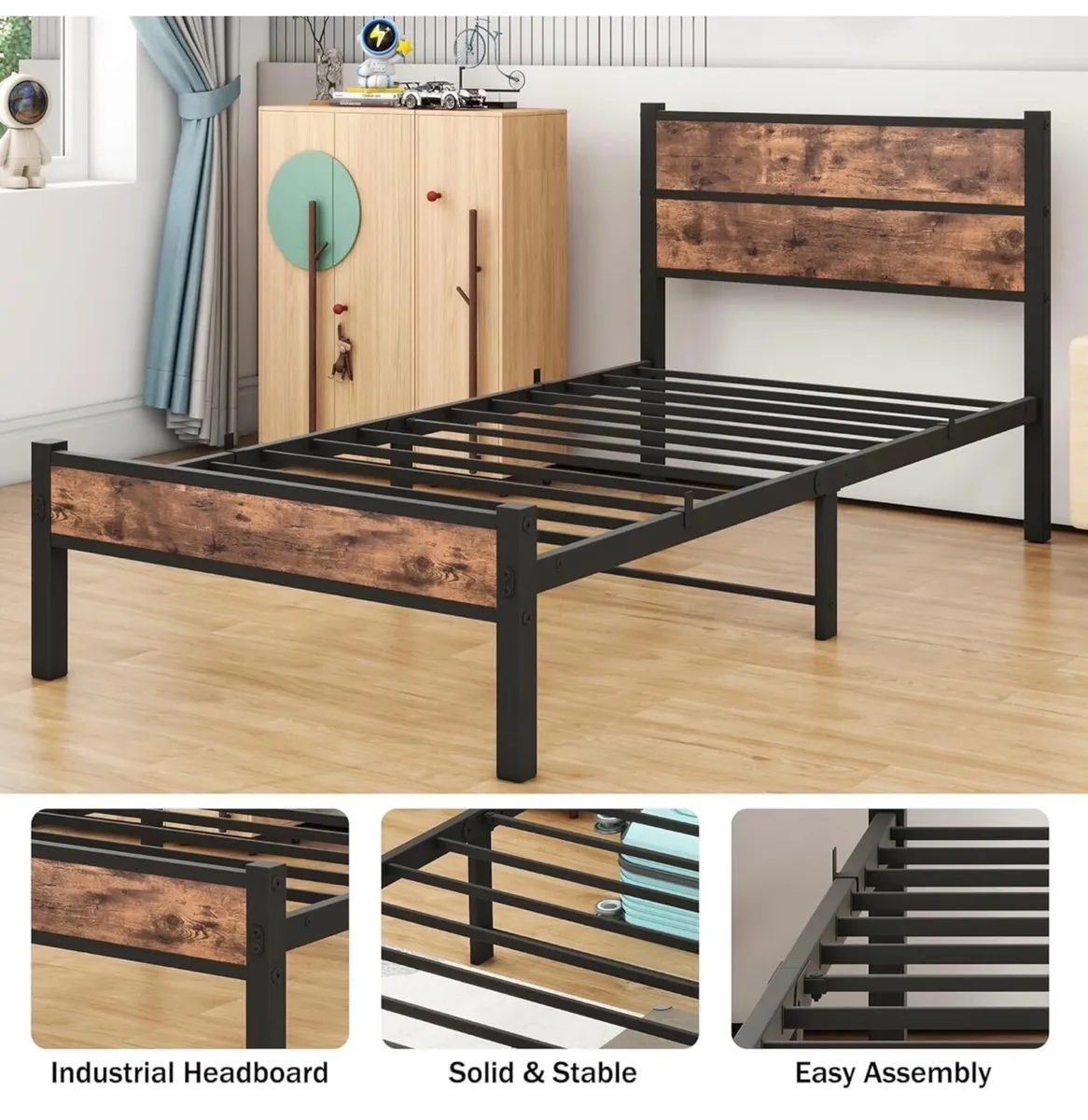 Single Bed Frame with Wooden Headboard and Footboa - Image 2
