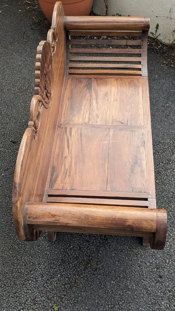 Solid wood 2-seater with scrolled arms and carving - Image 2