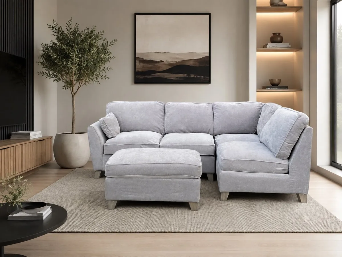 Grey L shaped corner sofa /couch with footstool - Image 2