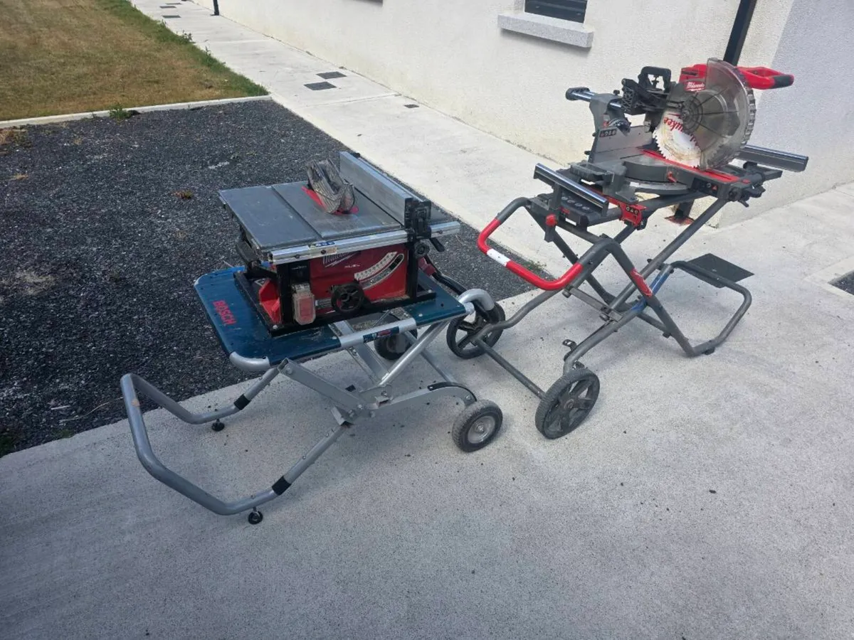 Milwaukee m18 chopsaw and tablesaw with stands - Image 1