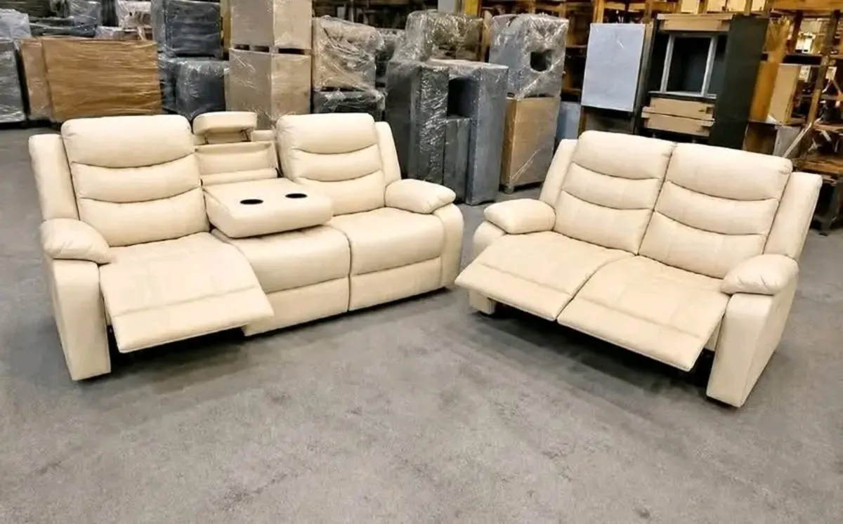 Roma 3+2 Cream & Brown Leather Recliner Sofa Set - Image 1