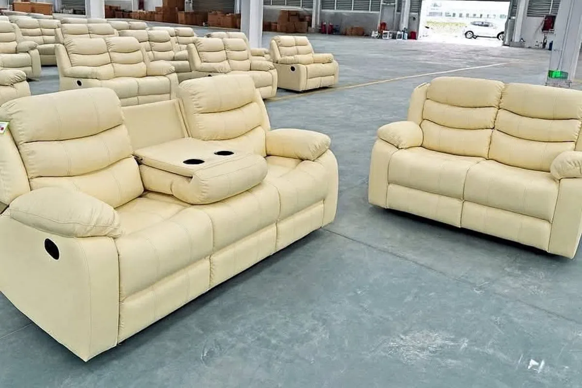 Roma 3+2 Cream & Brown Leather Recliner Sofa Set - Image 2