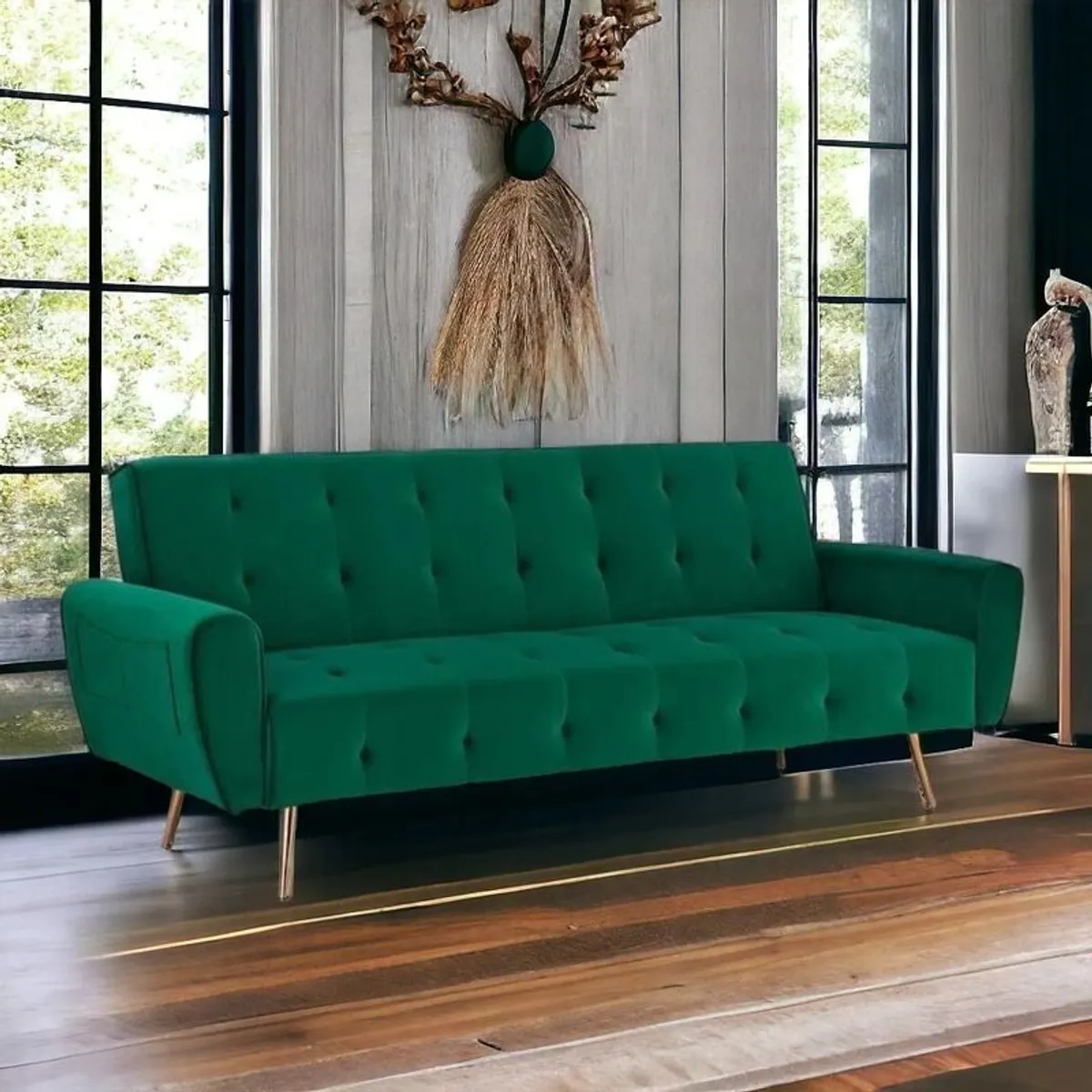 Luxury Velvet Sofa Bed with Golden Legs green - Image 3