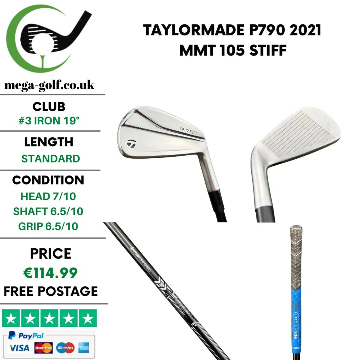 Taylormade P790 2021 #3 Iron 19° / MMT 105 Stiff - Image 1
