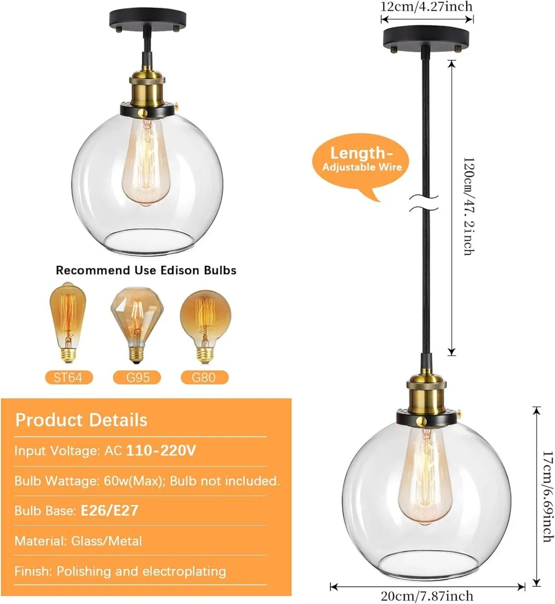 Frideko Pendant Light Vintage Glass Clear Kitchen - Image 4
