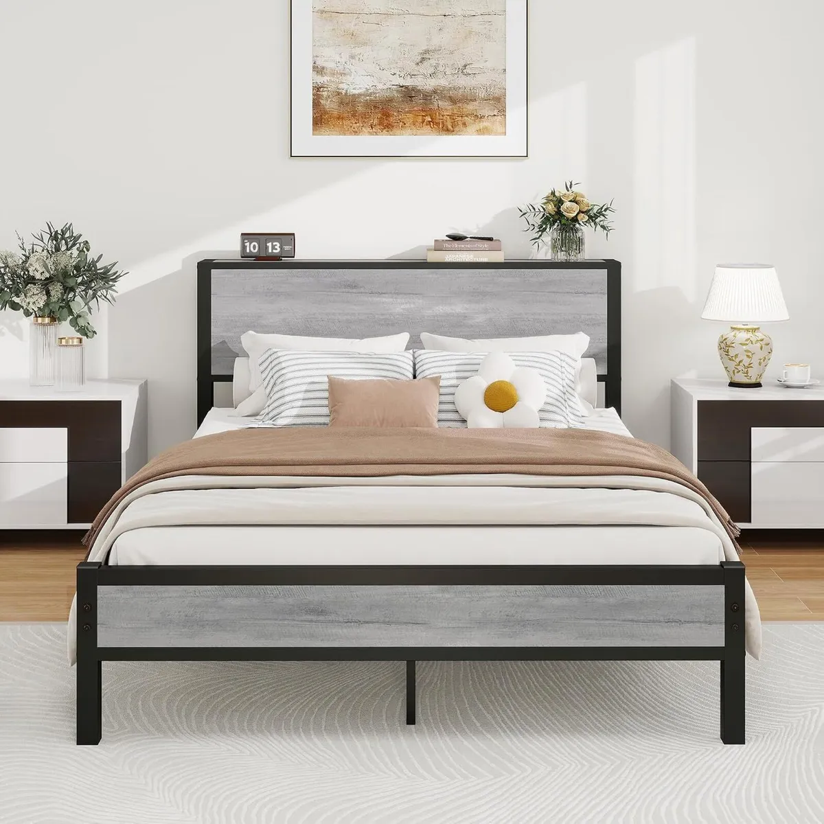 Rustic Bed Frame Storage Wooden Headboard Metal - Image 1