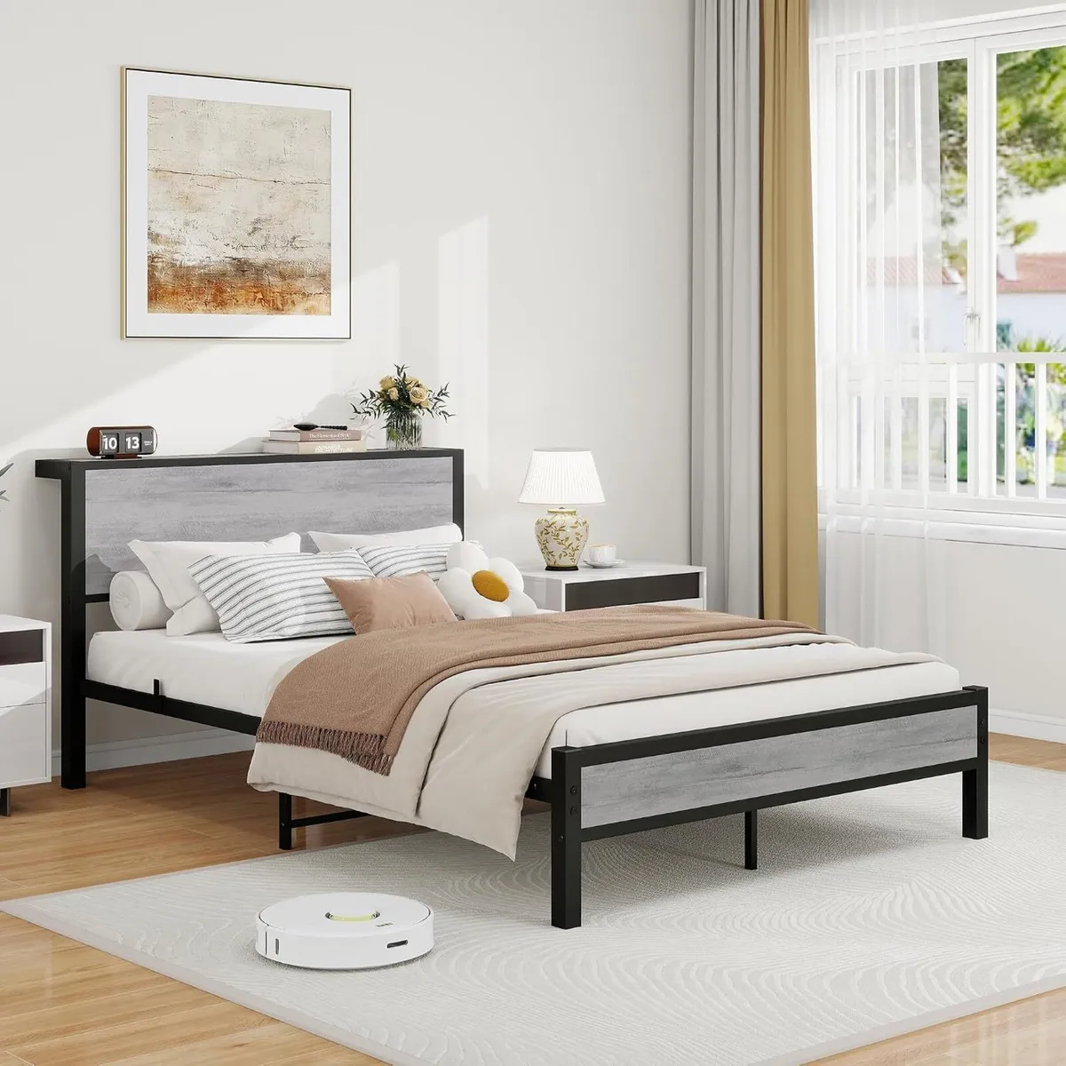 Rustic Bed Frame Storage Wooden Headboard Metal - Image 3